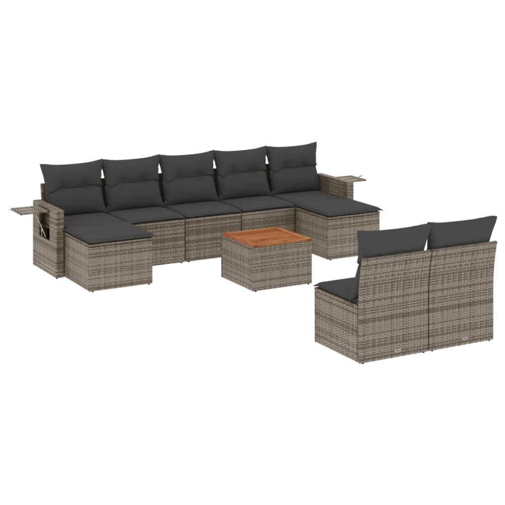 10-delige Loungeset met kussens poly rattan grijs