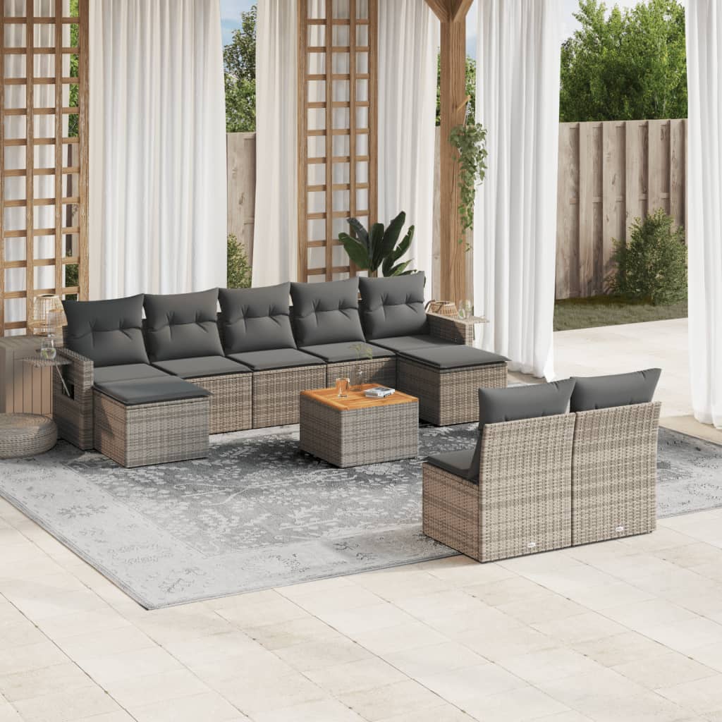 10-delige Loungeset met kussens poly rattan grijs