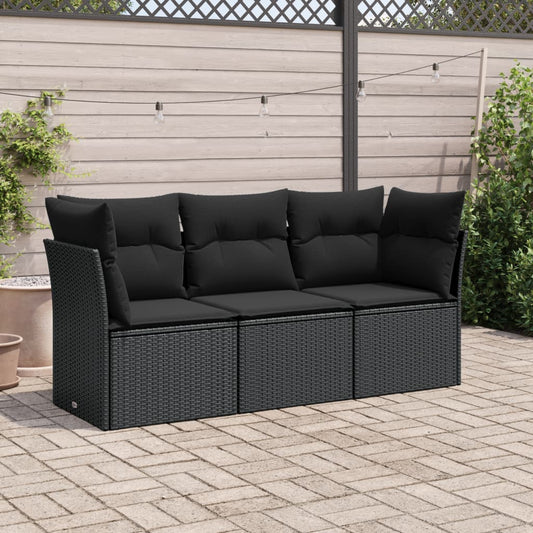 3-delige Loungeset met kussens poly rattan zwart