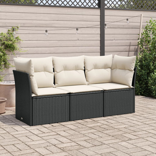 3-delige Loungeset met kussens poly rattan zwart