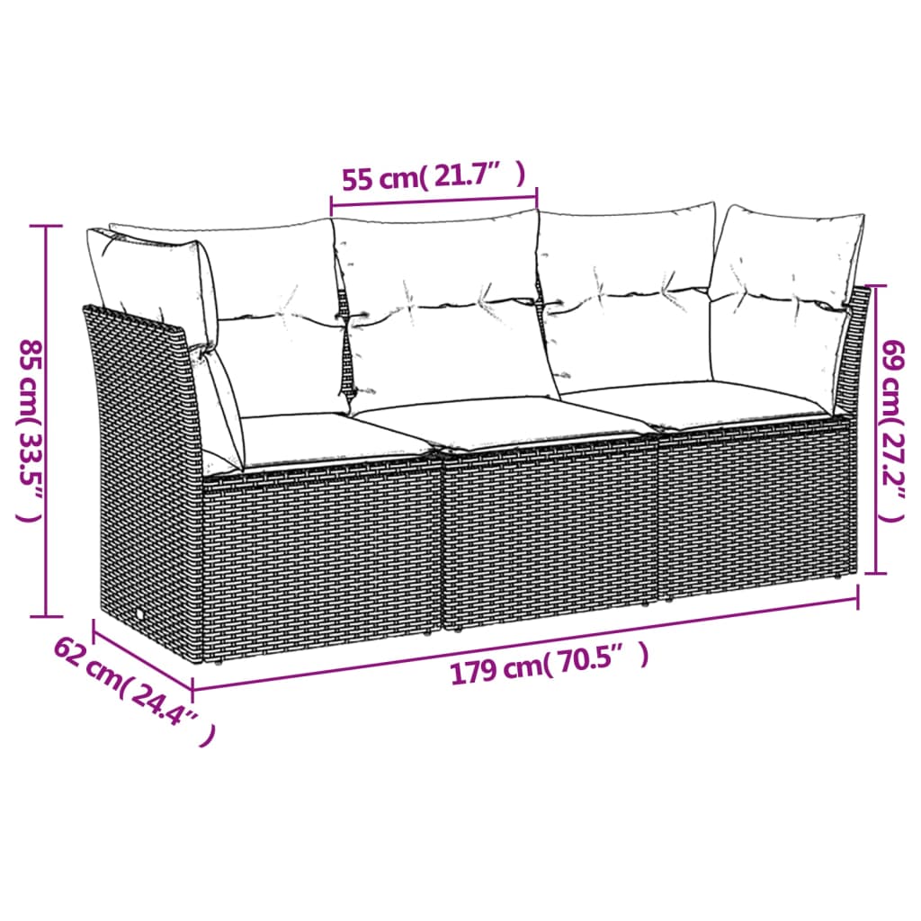 3-delige Loungeset met kussens poly rattan grijs