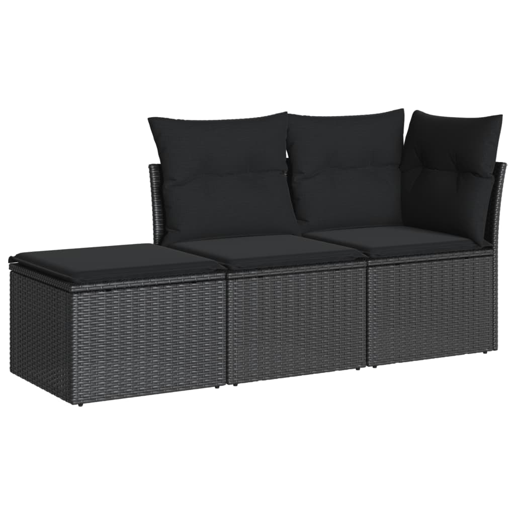 3-delige Loungeset met kussens poly rattan zwart