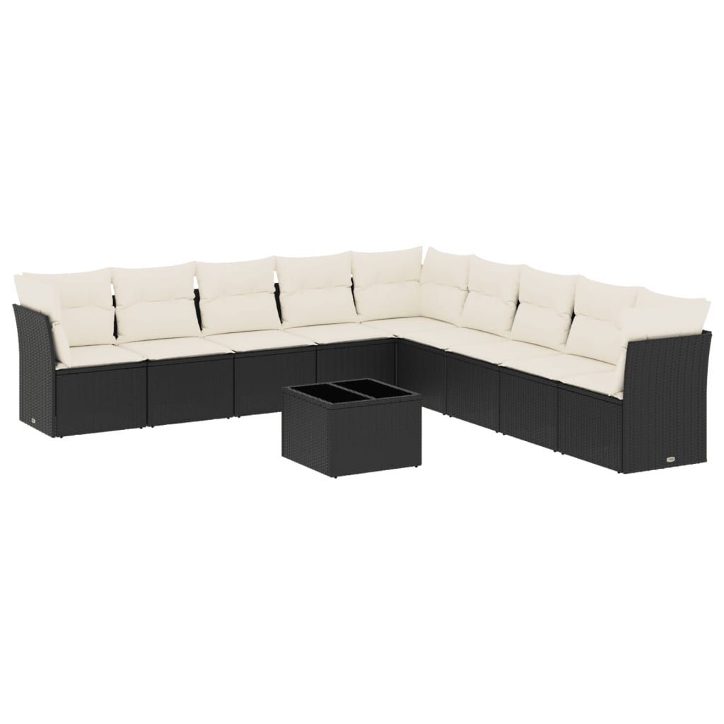 10-delige Loungeset met kussens poly rattan zwart