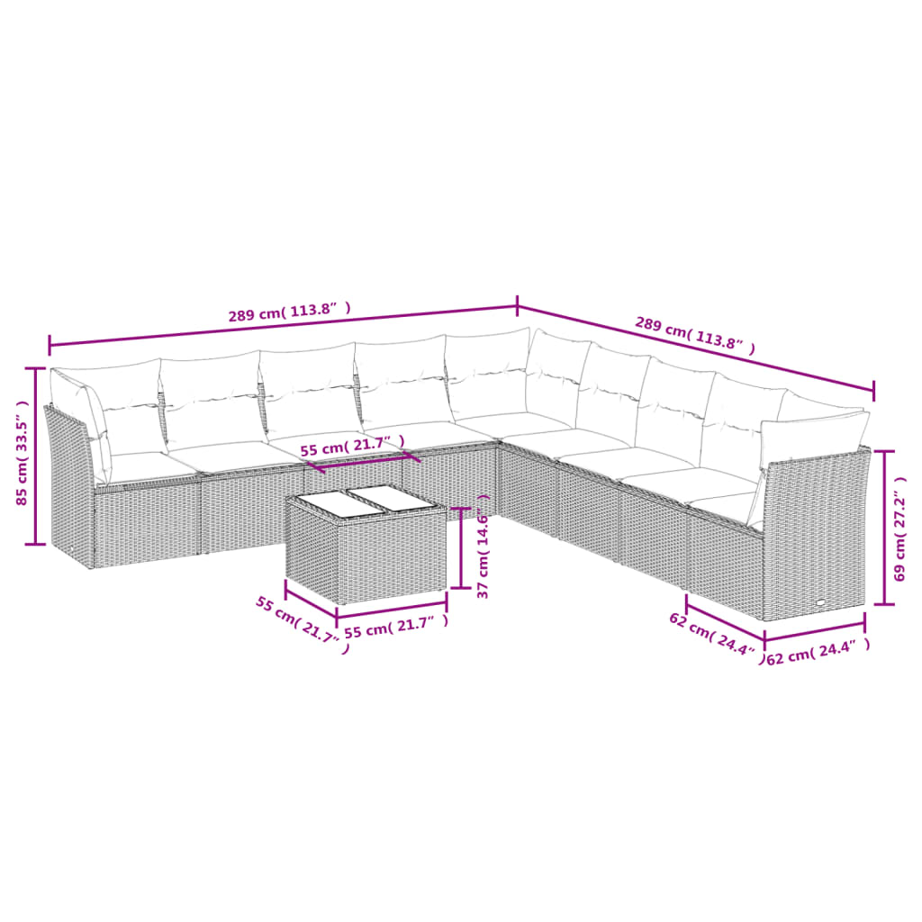 10-delige Loungeset met kussens poly rattan zwart