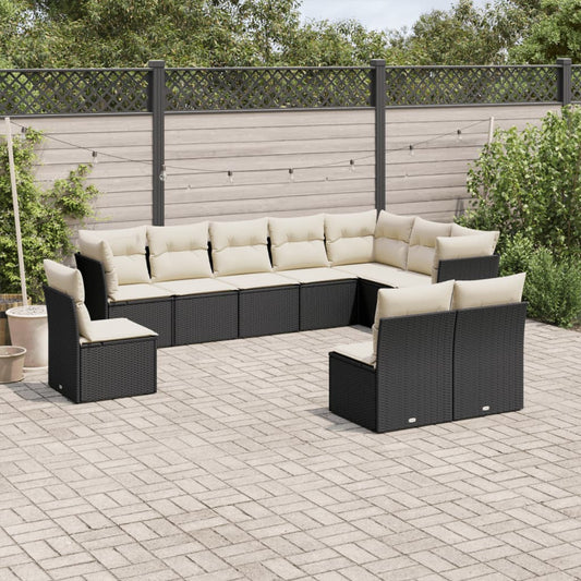 10-delige Loungeset met kussens poly rattan zwart