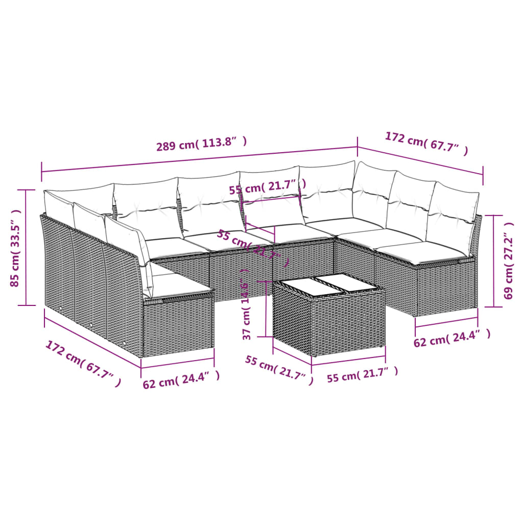 10-delige Loungeset met kussens poly rattan zwart