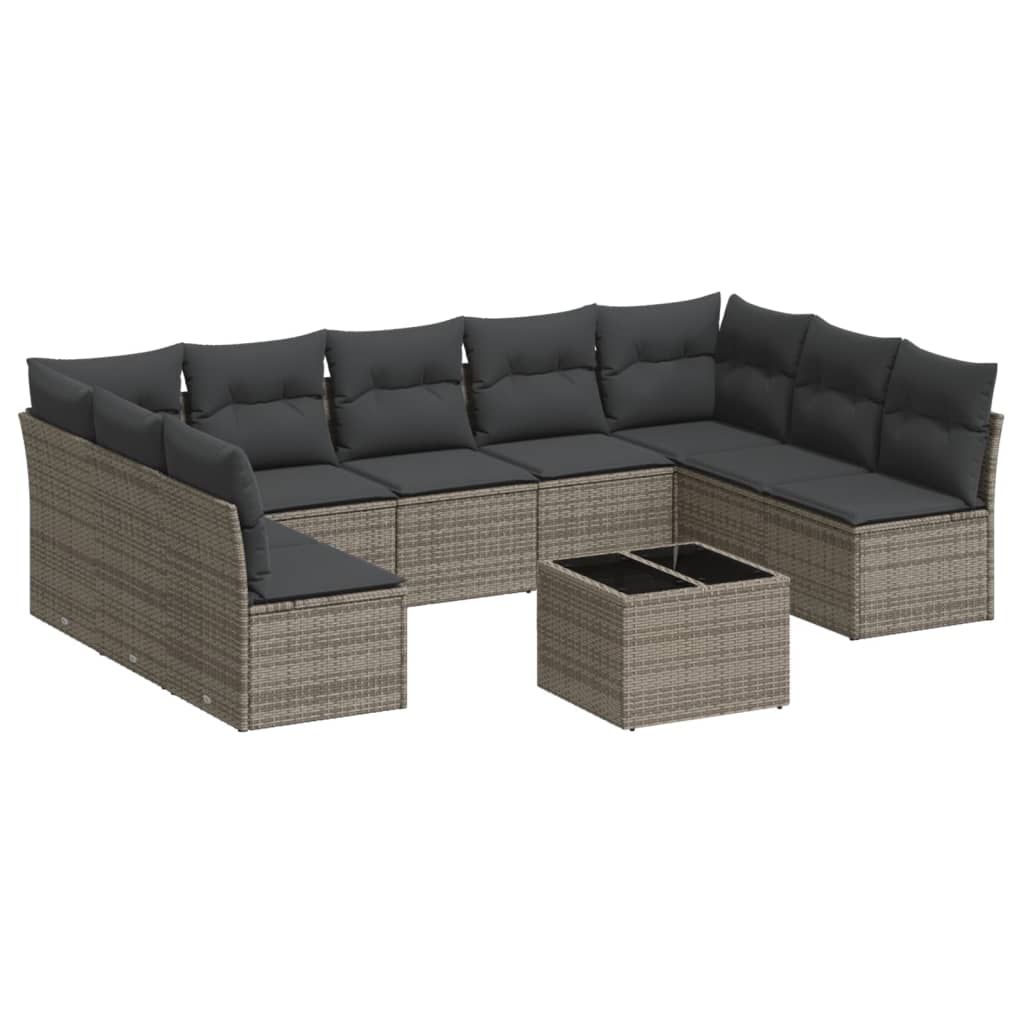 10-delige Loungeset met kussens poly rattan grijs