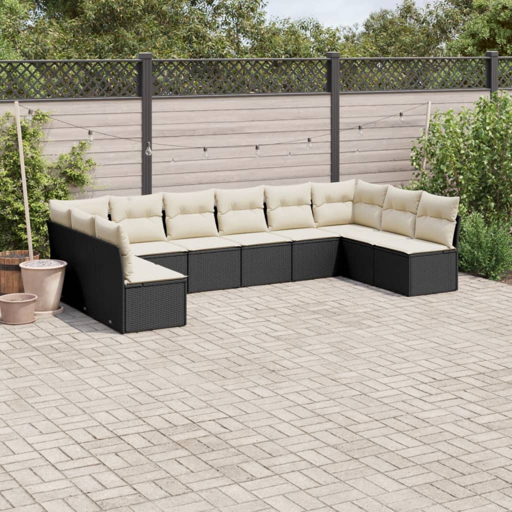 10-delige Loungeset met kussens poly rattan zwart