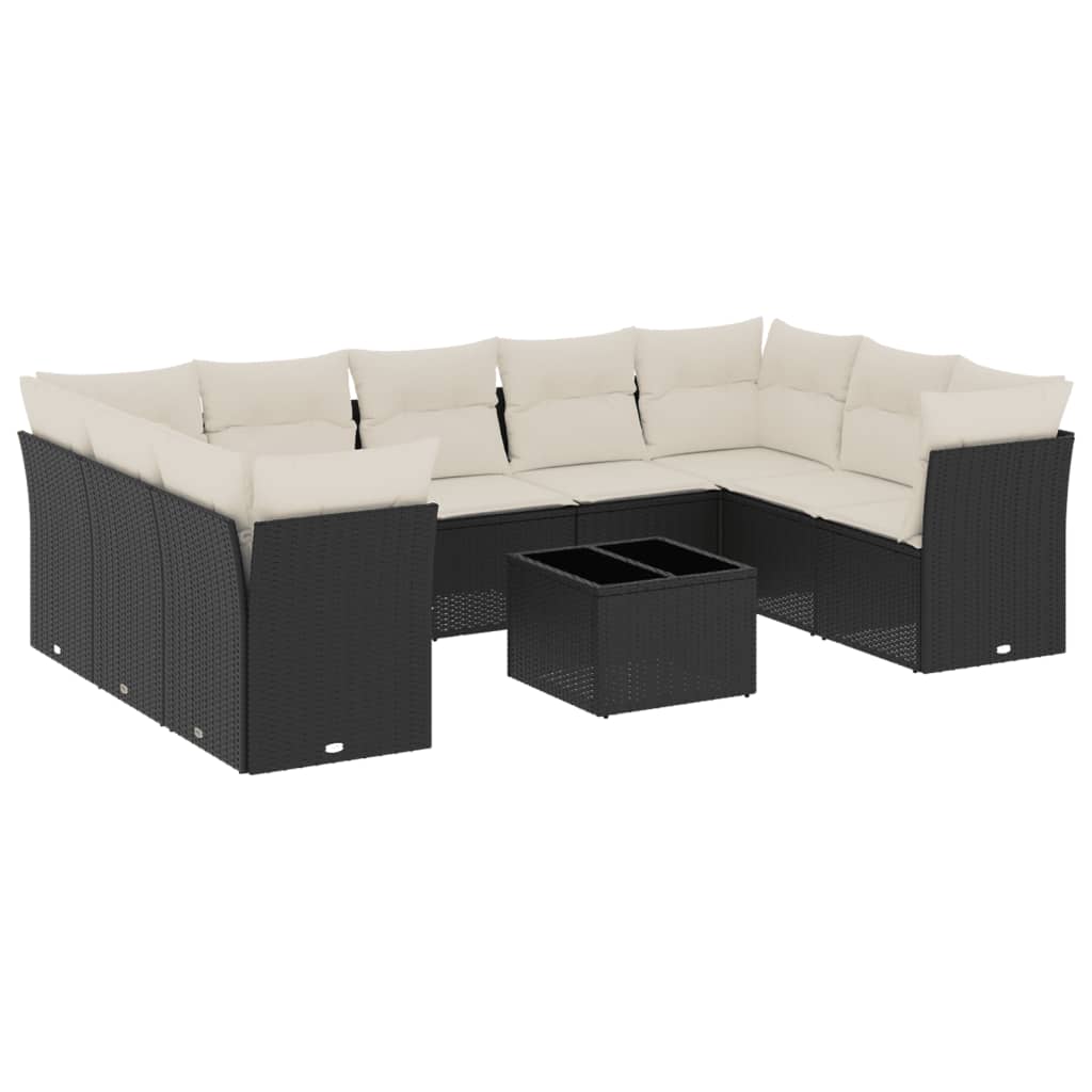 10-delige Loungeset met kussens poly rattan zwart