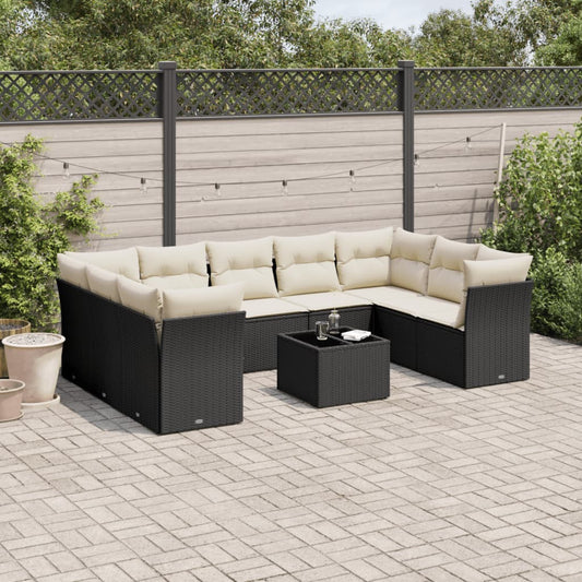 10-delige Loungeset met kussens poly rattan zwart