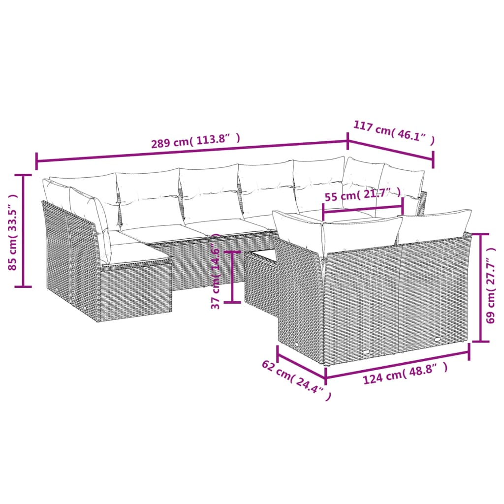 10-delige Loungeset met kussens poly rattan zwart