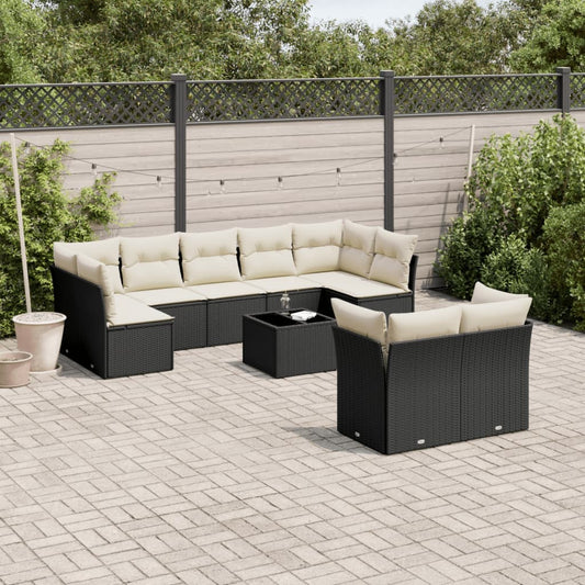 10-delige Loungeset met kussens poly rattan zwart