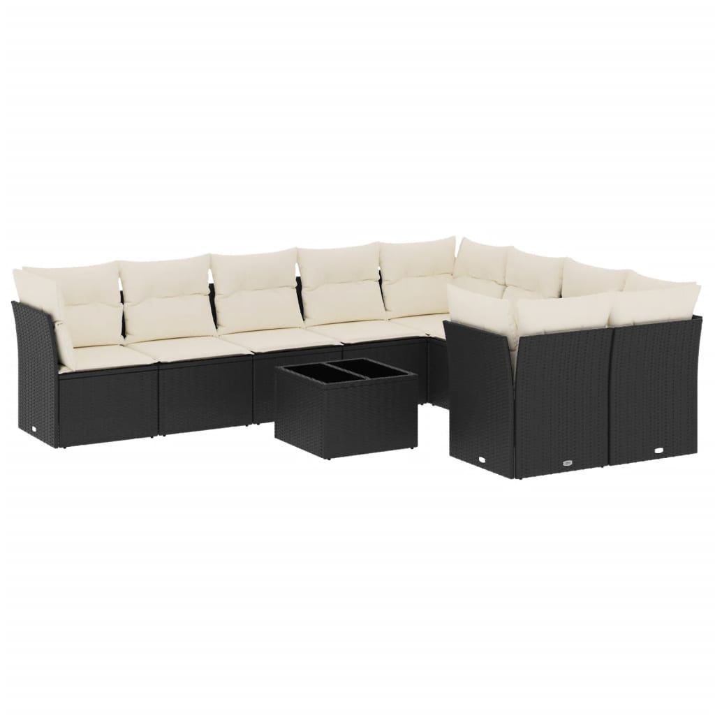 10-delige Loungeset met kussens poly rattan zwart