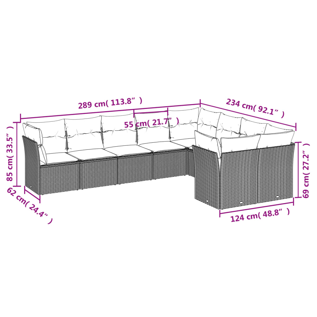 10-delige Loungeset met kussens poly rattan zwart