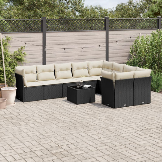 10-delige Loungeset met kussens poly rattan zwart