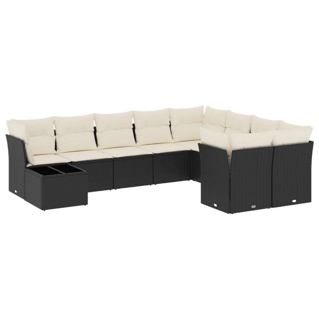 10-delige Loungeset met kussens poly rattan zwart