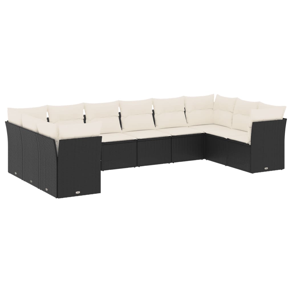 10-delige Loungeset met kussens poly rattan zwart