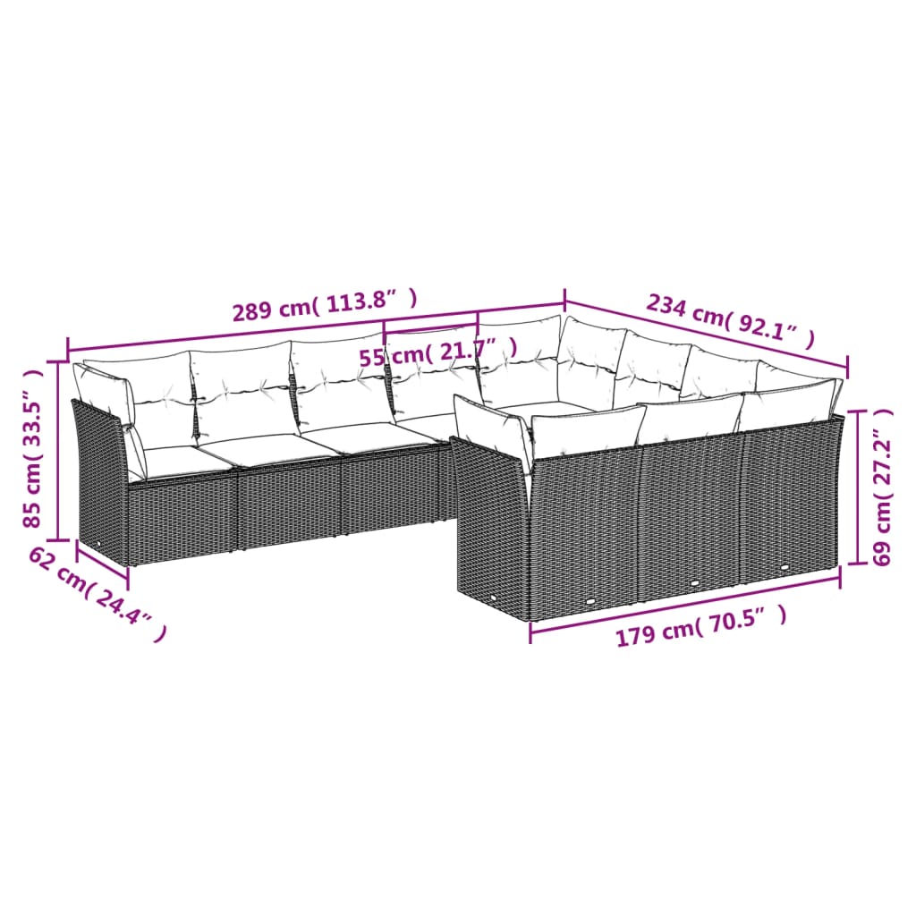 10-delige Loungeset met kussens poly rattan zwart