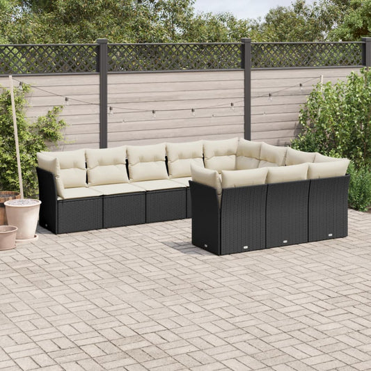 10-delige Loungeset met kussens poly rattan zwart