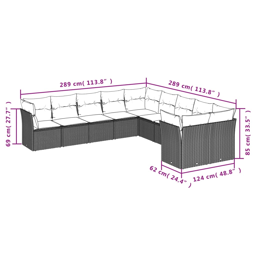 10-delige Loungeset met kussens poly rattan zwart