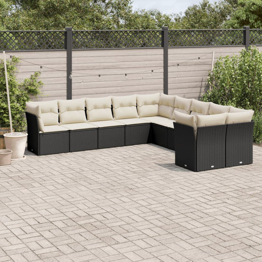 10-delige Loungeset met kussens poly rattan zwart