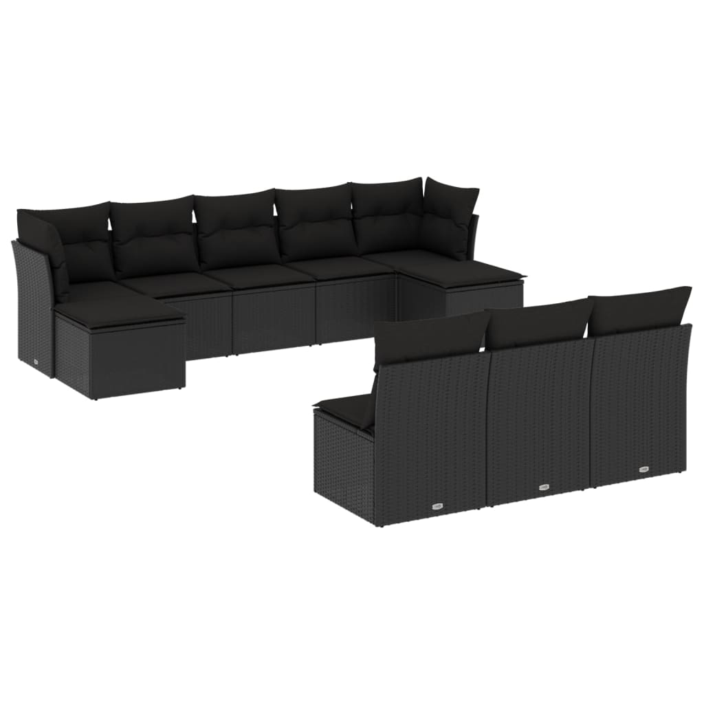 10-delige Loungeset met kussens poly rattan zwart