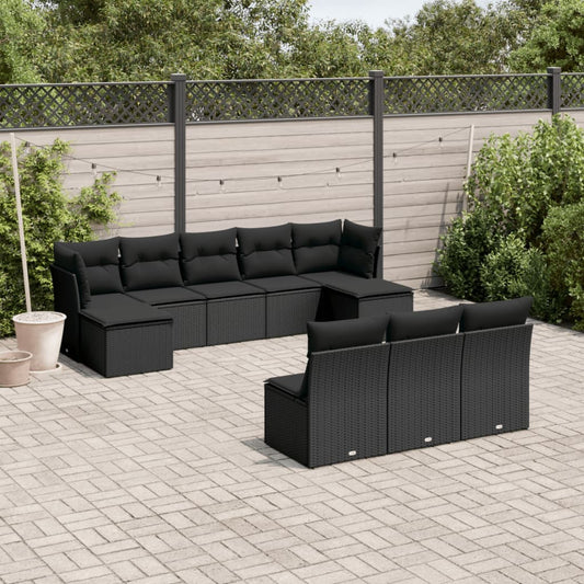 10-delige Loungeset met kussens poly rattan zwart