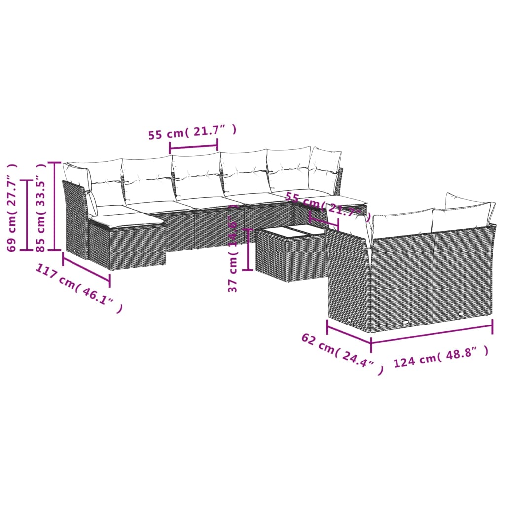 10-delige Loungeset met kussens poly rattan zwart