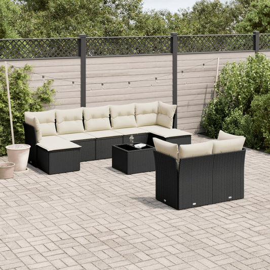 10-delige Loungeset met kussens poly rattan zwart