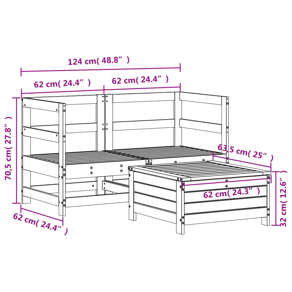 3-delige Loungeset massief grenenhout wit