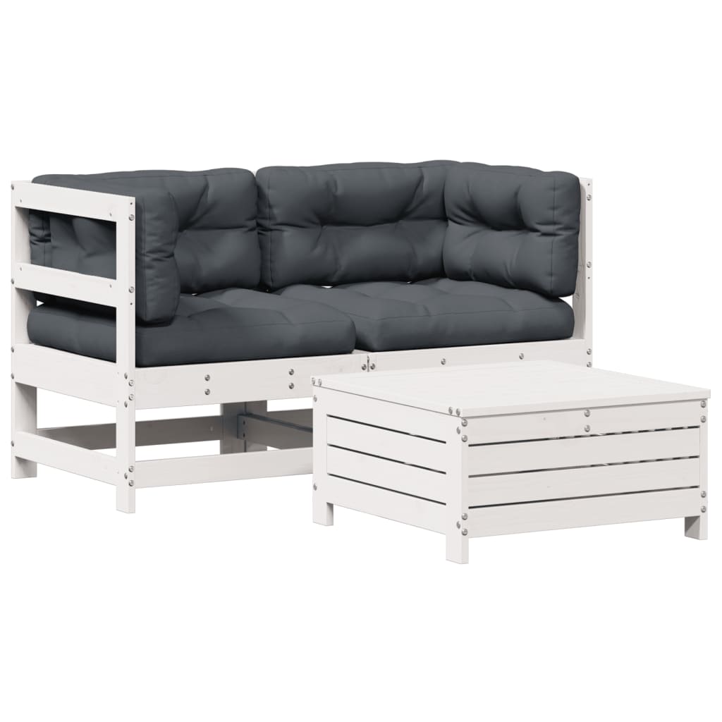 3-delige Loungeset met kussens massief grenenhout wit