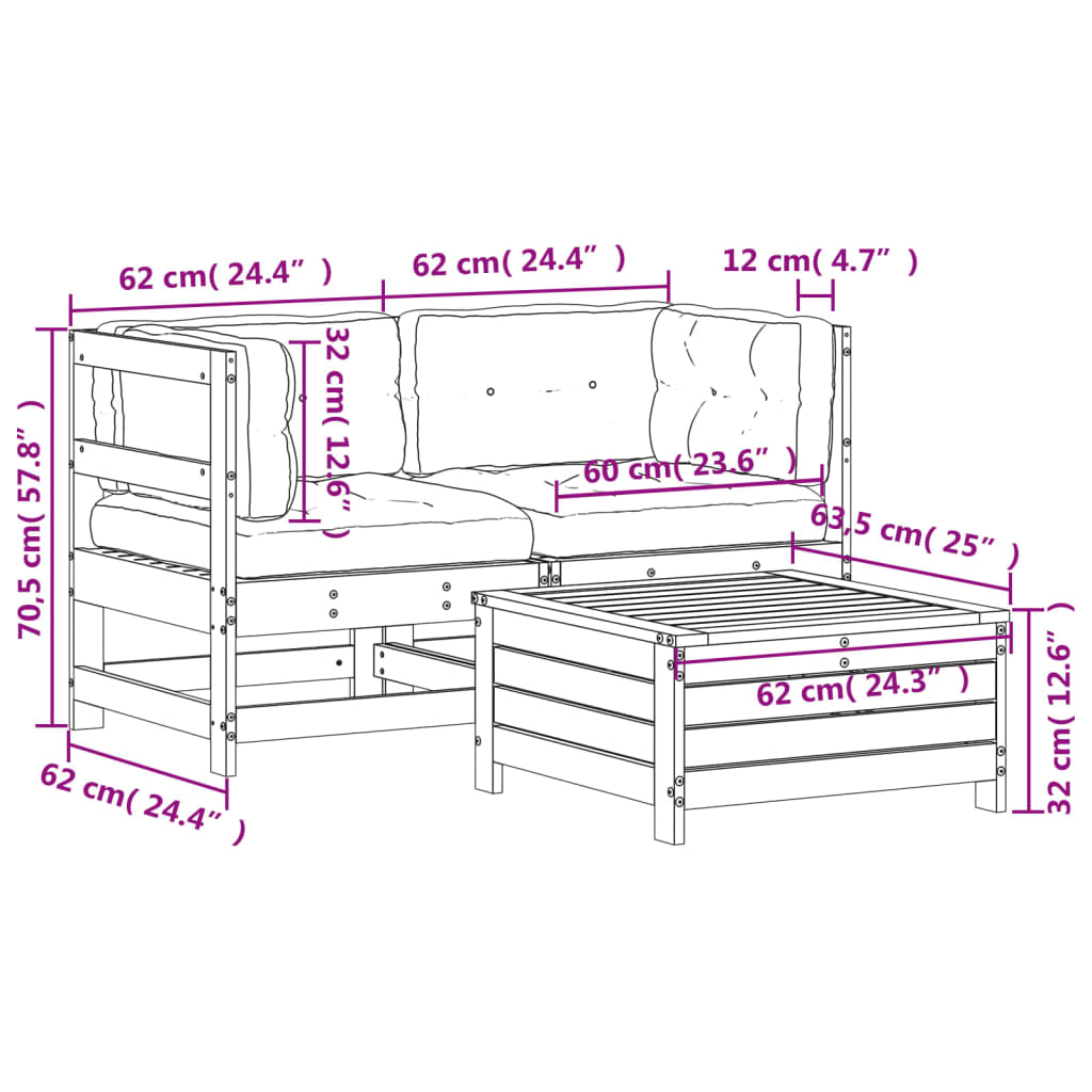 3-delige Loungeset met kussens massief grenenhout wit