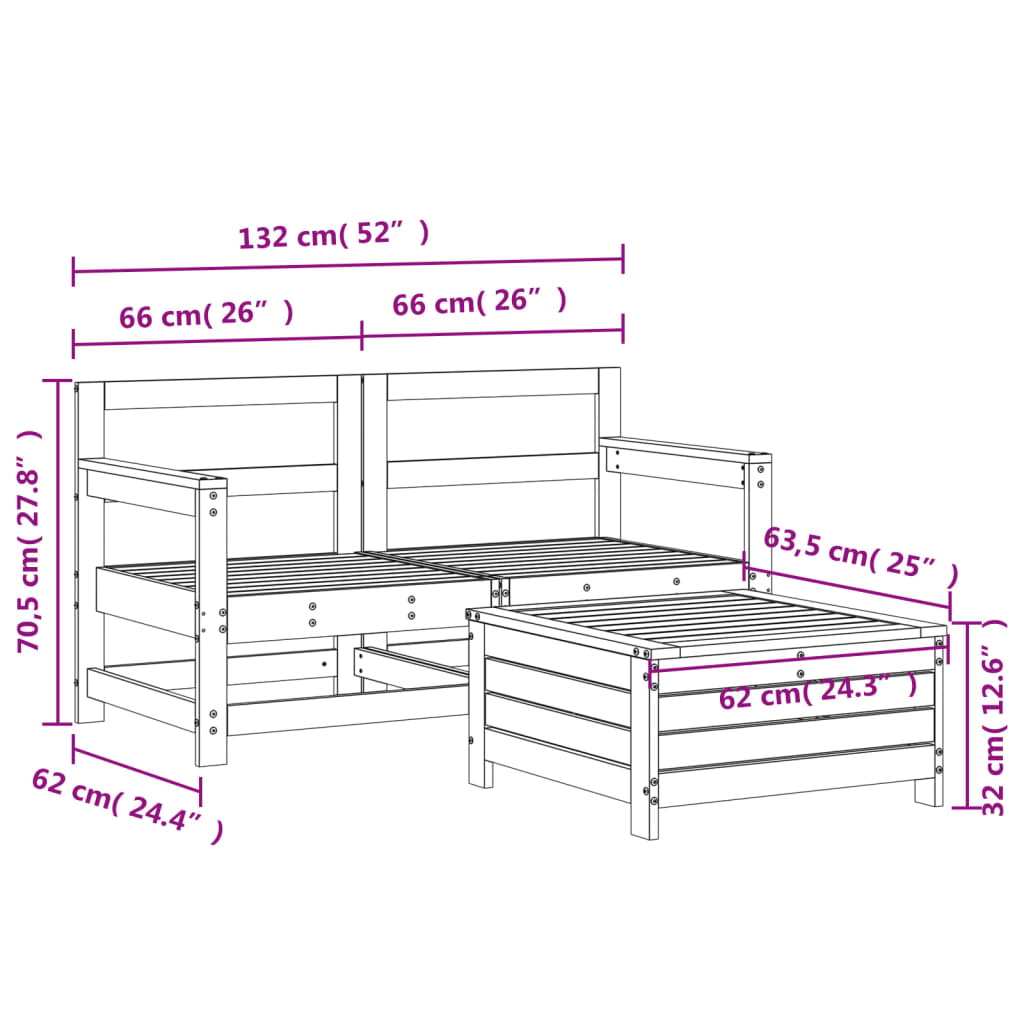 3-delige Loungeset massief grenenhout