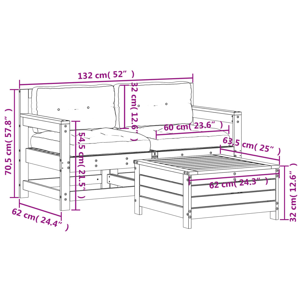 3-delige Loungeset met kussens massief grenenhout