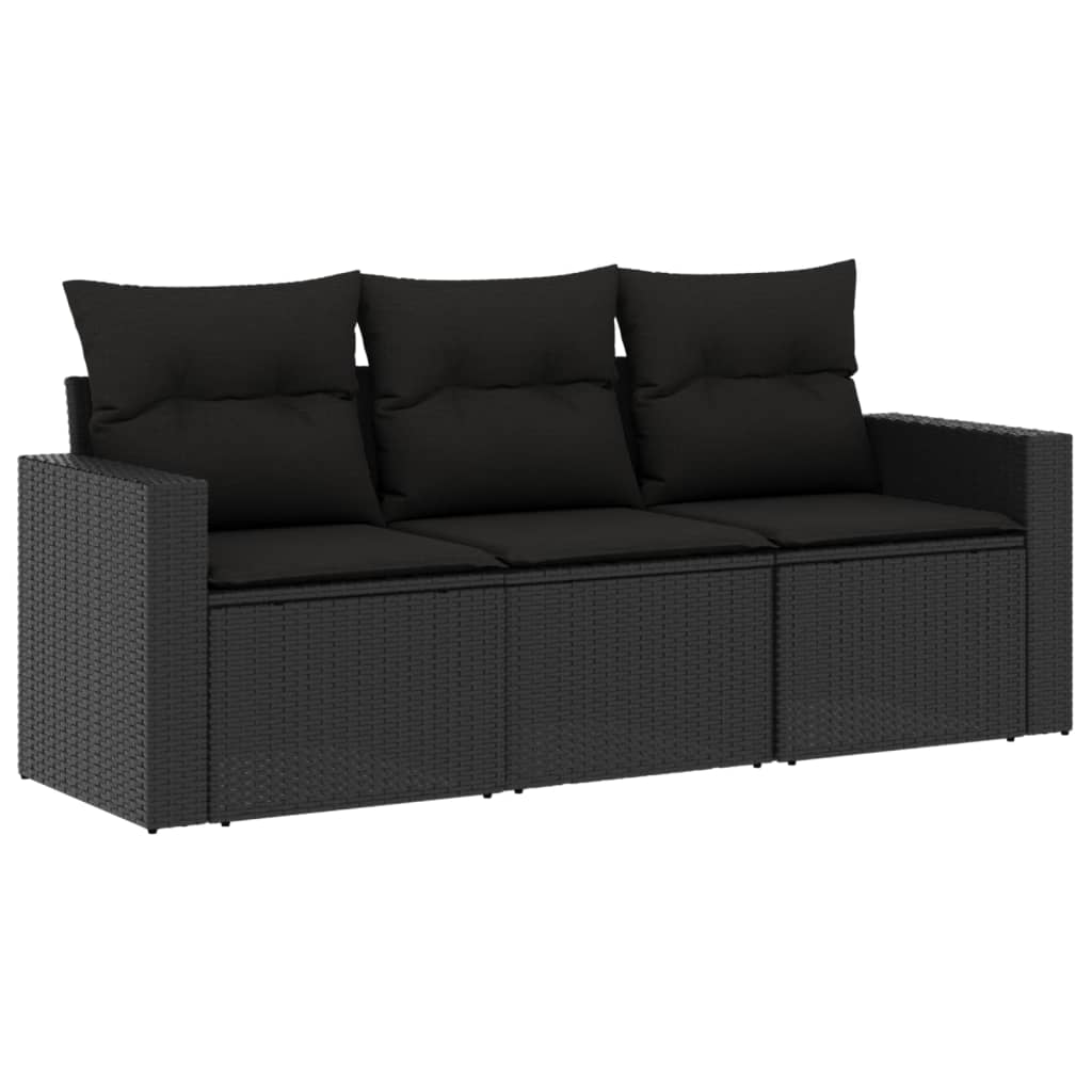 3-delige Loungeset met kussens poly rattan zwart