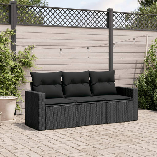 3-delige Loungeset met kussens poly rattan zwart