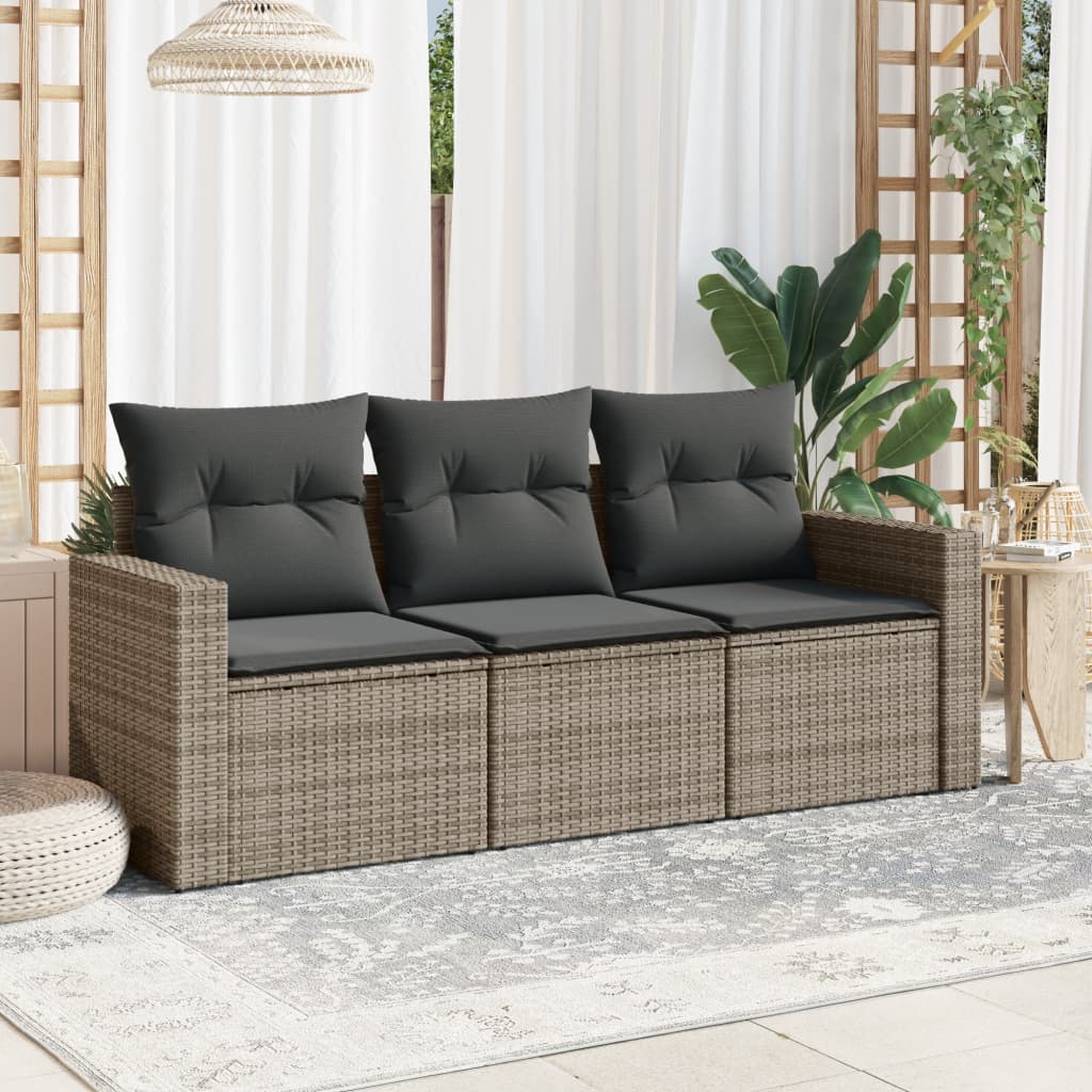 3-delige Loungeset met kussens poly rattan grijs