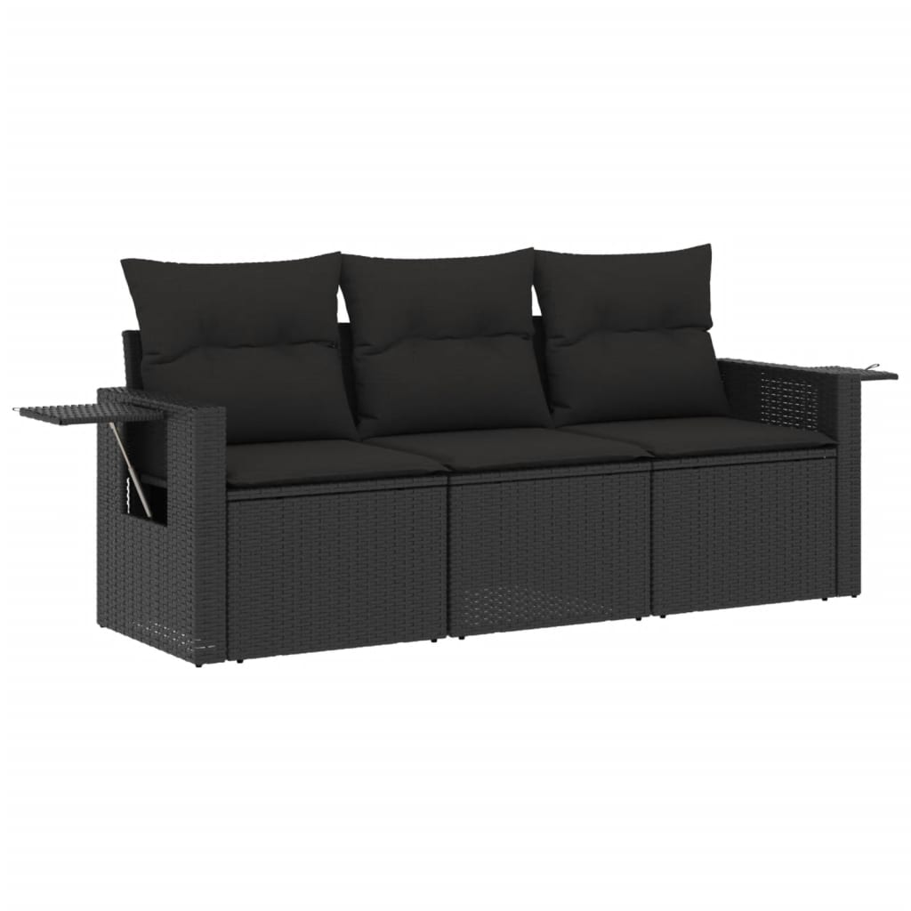 3-delige Loungeset met kussens poly rattan zwart