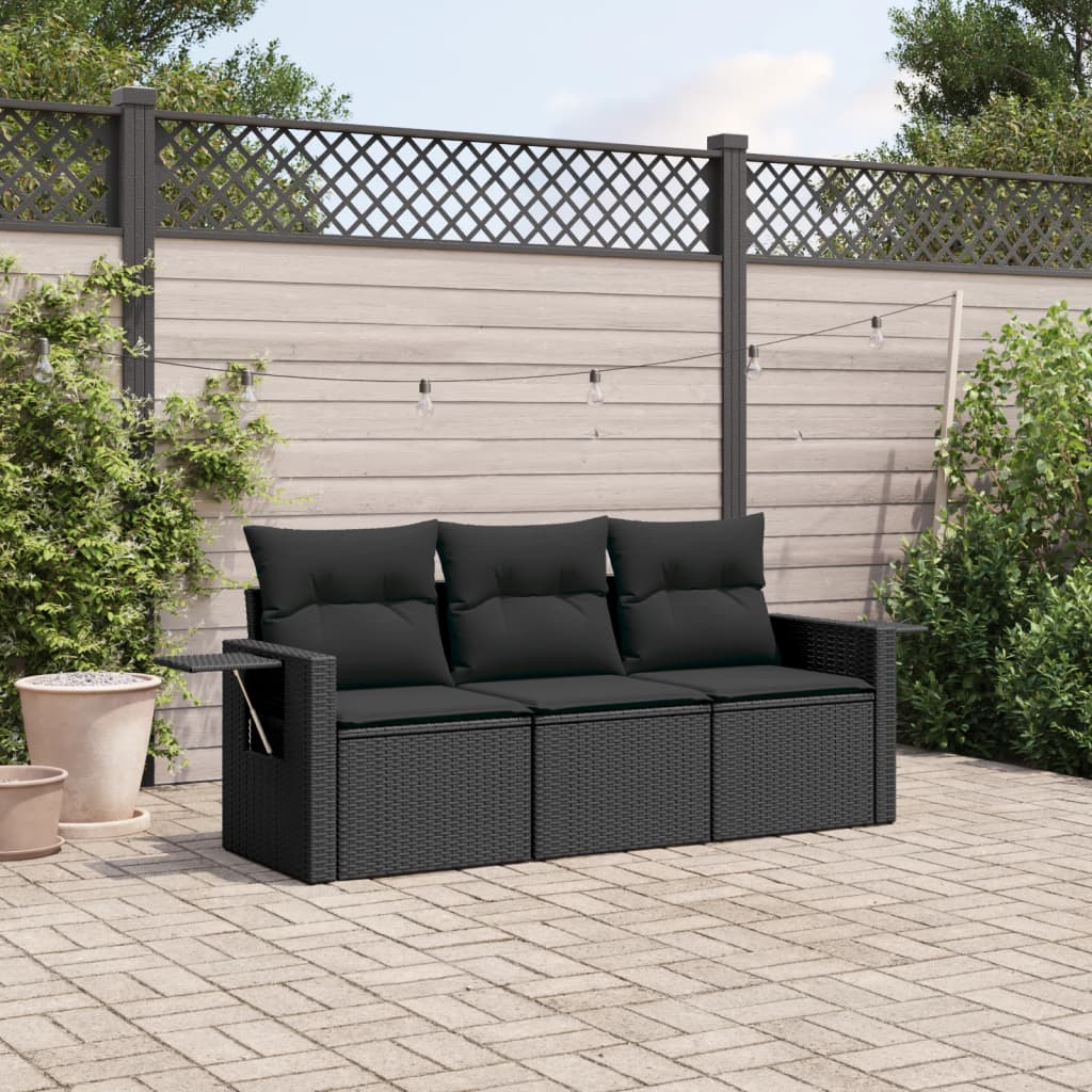 3-delige Loungeset met kussens poly rattan zwart