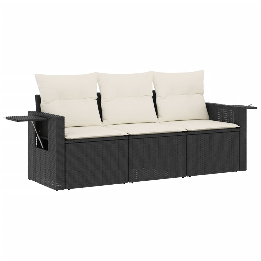 3-delige Loungeset met kussens poly rattan zwart