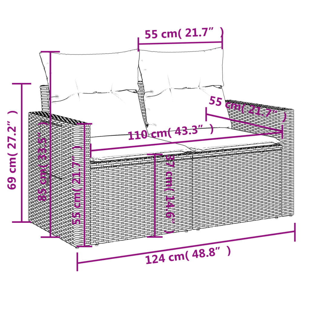 3-delige Loungeset met kussens poly rattan zwart