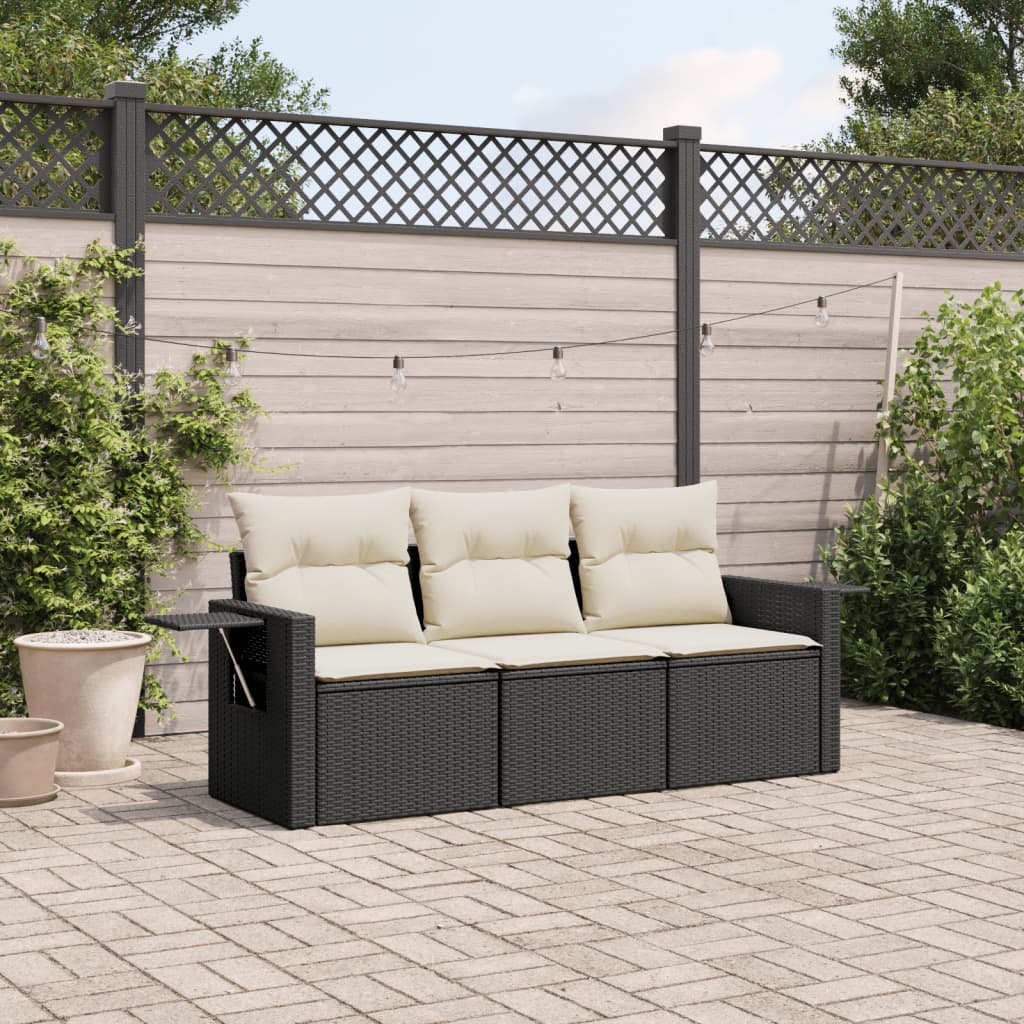 3-delige Loungeset met kussens poly rattan zwart