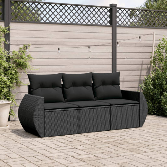 3-delige Loungeset met kussens poly rattan zwart