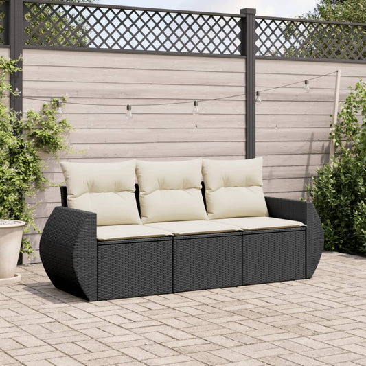 3-delige Loungeset met kussens poly rattan zwart