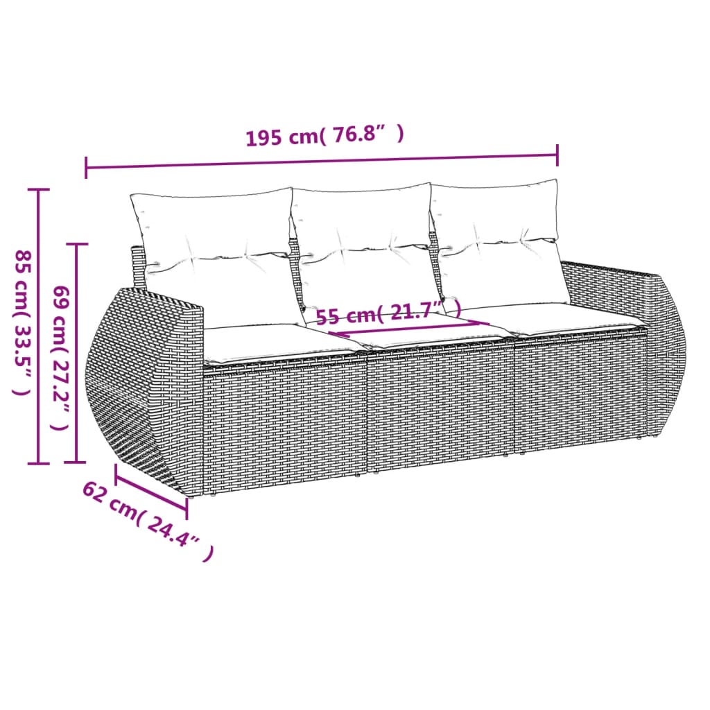 3-delige Loungeset met kussens poly rattan beige