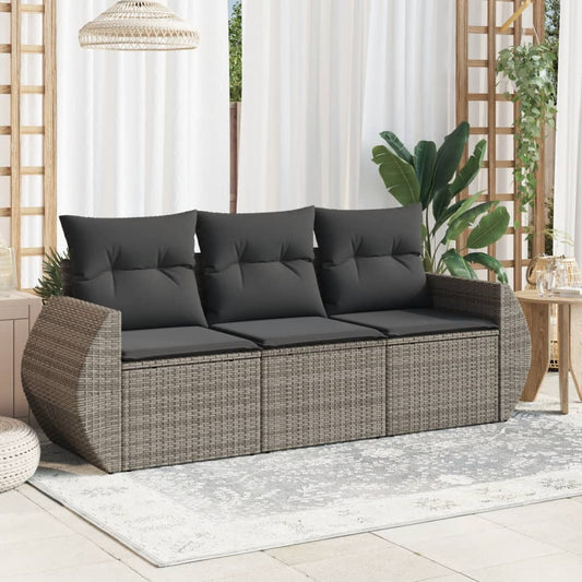 3-delige Loungeset met kussens poly rattan grijs