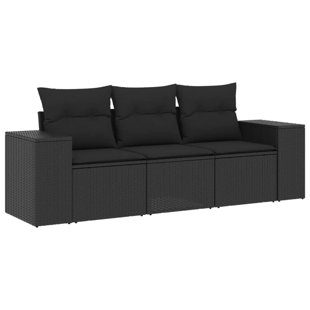 3-delige Loungeset met kussens poly rattan zwart