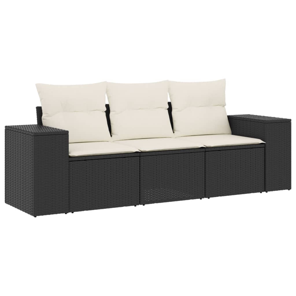 3-delige Loungeset met kussens poly rattan zwart