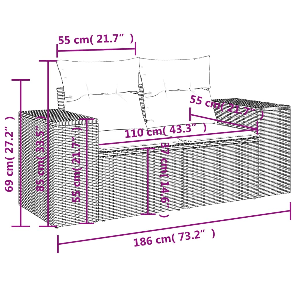 3-delige Loungeset met kussens poly rattan zwart