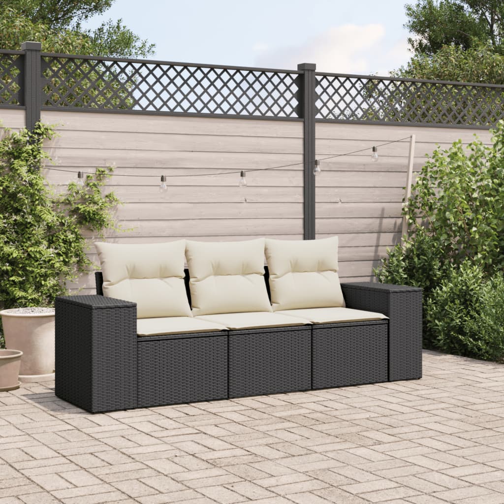 3-delige Loungeset met kussens poly rattan zwart